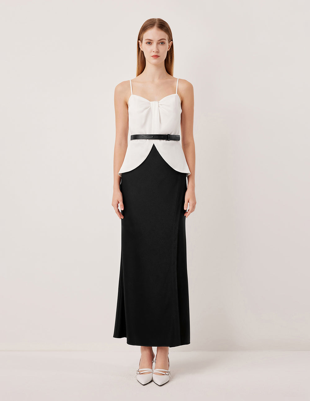 MARYLING Sleeveless Black White Color-Block Pleated Satin Slip Dress