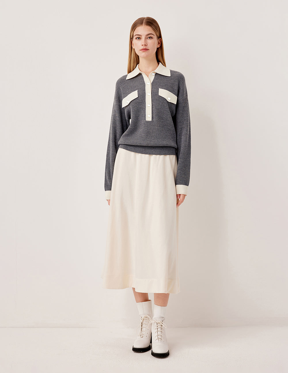 MARYLING Collar Ribbed Knit 100% Wool Pullover