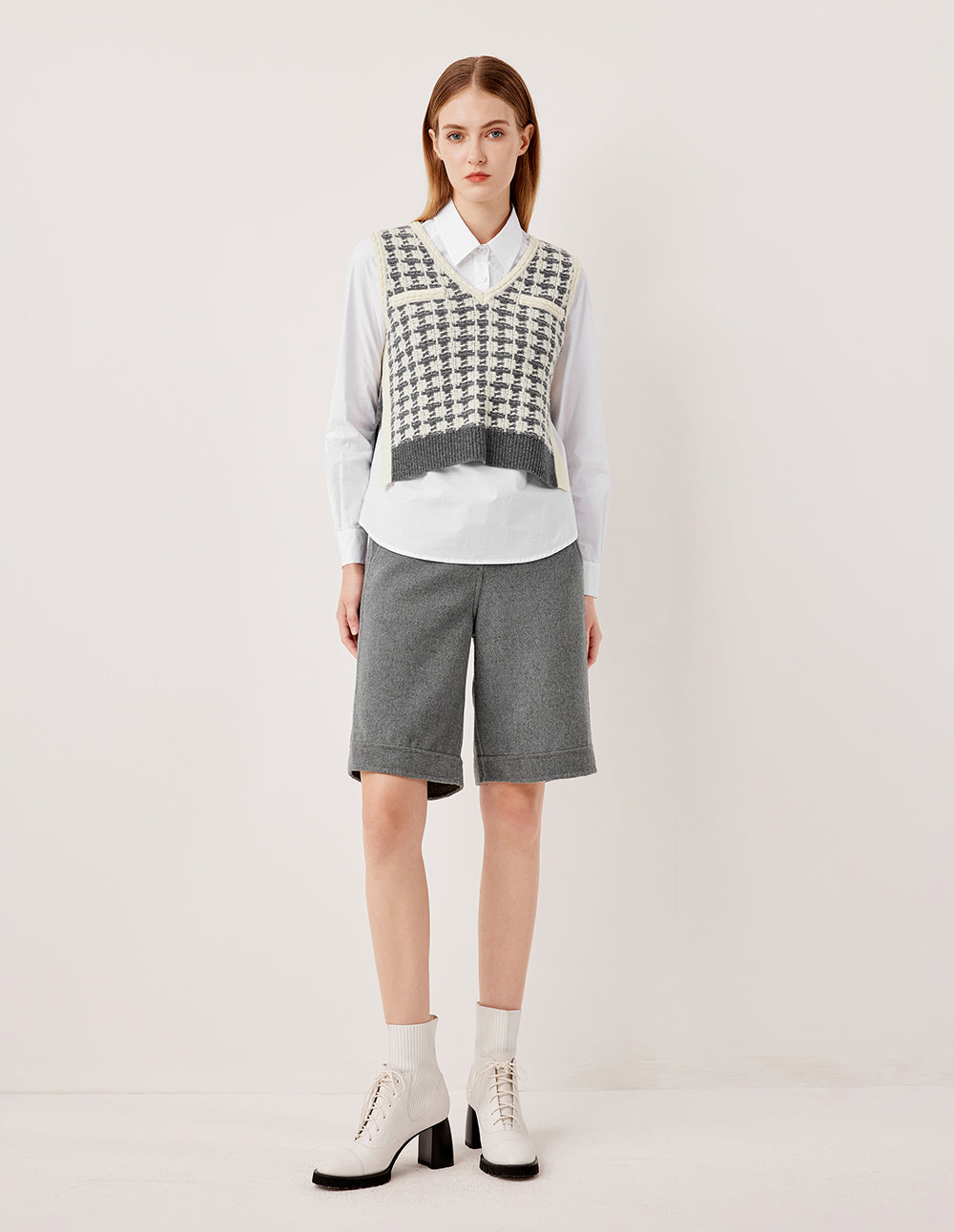 MARYLING V-Neck Sleeveless Plaid 100% Wool Knit Vest