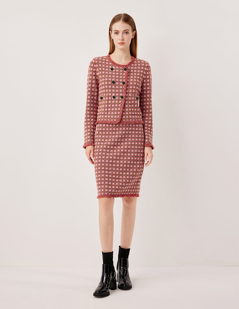 MARYLING Round Neck Long Sleeve Plaid Double-Breasted Knit Cardigan