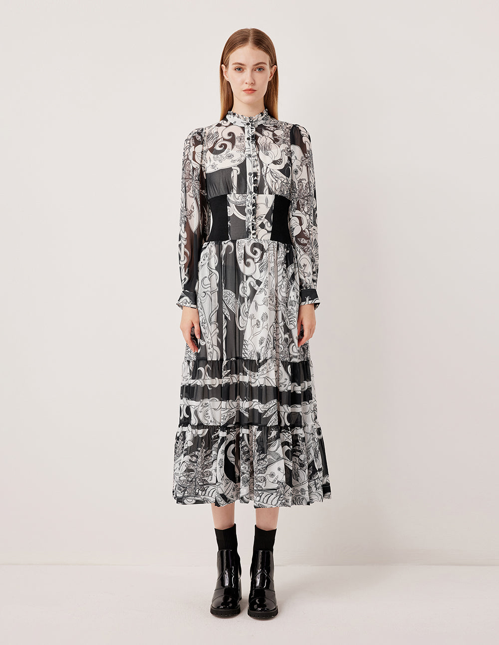 MARYLING Semi-High Neck Ruffle Paisley Print Pleated Midi Dress
