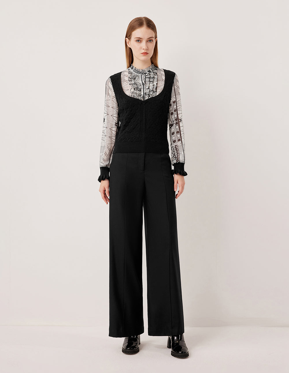 MARYLING Ruffled Turtleneck Printed Knit Long Sleeve Top