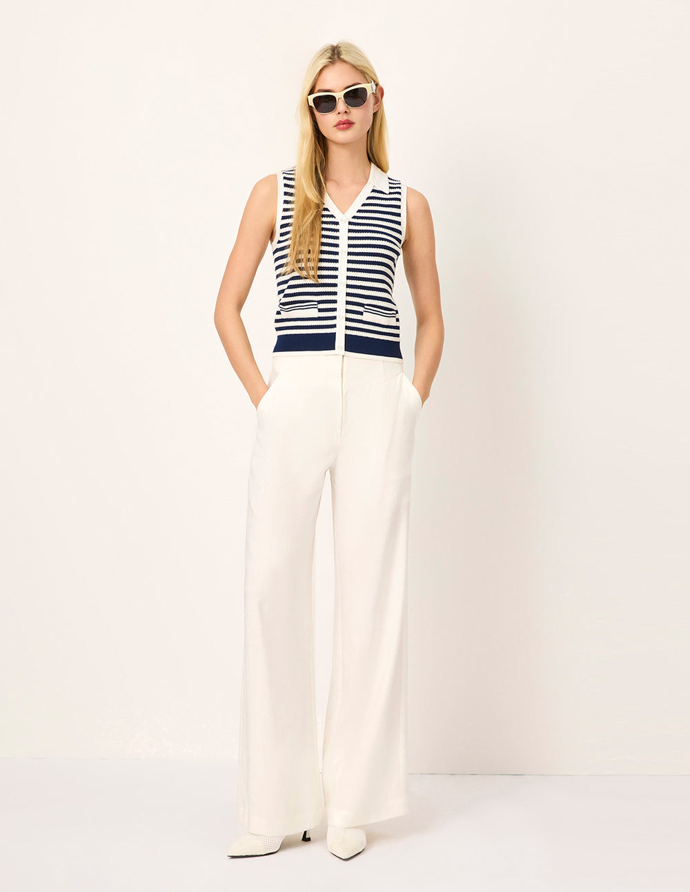 MARYLING Collared Sleeveless Striped Knit Vest