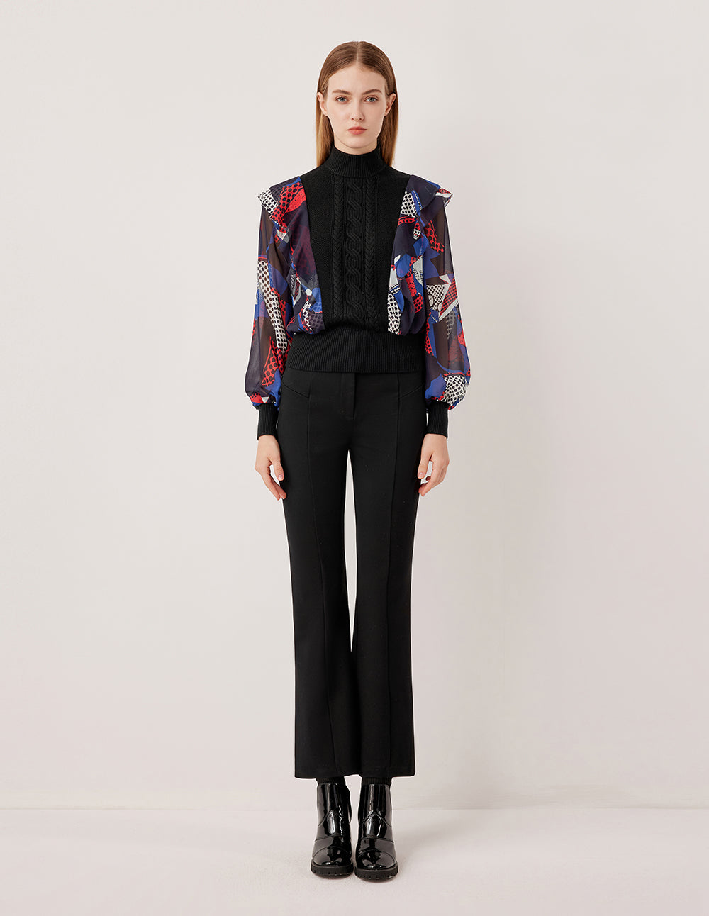 MARYLING Half-High Collar Long-Sleeved Blue & Red Printed Patchwork Knit Pullover