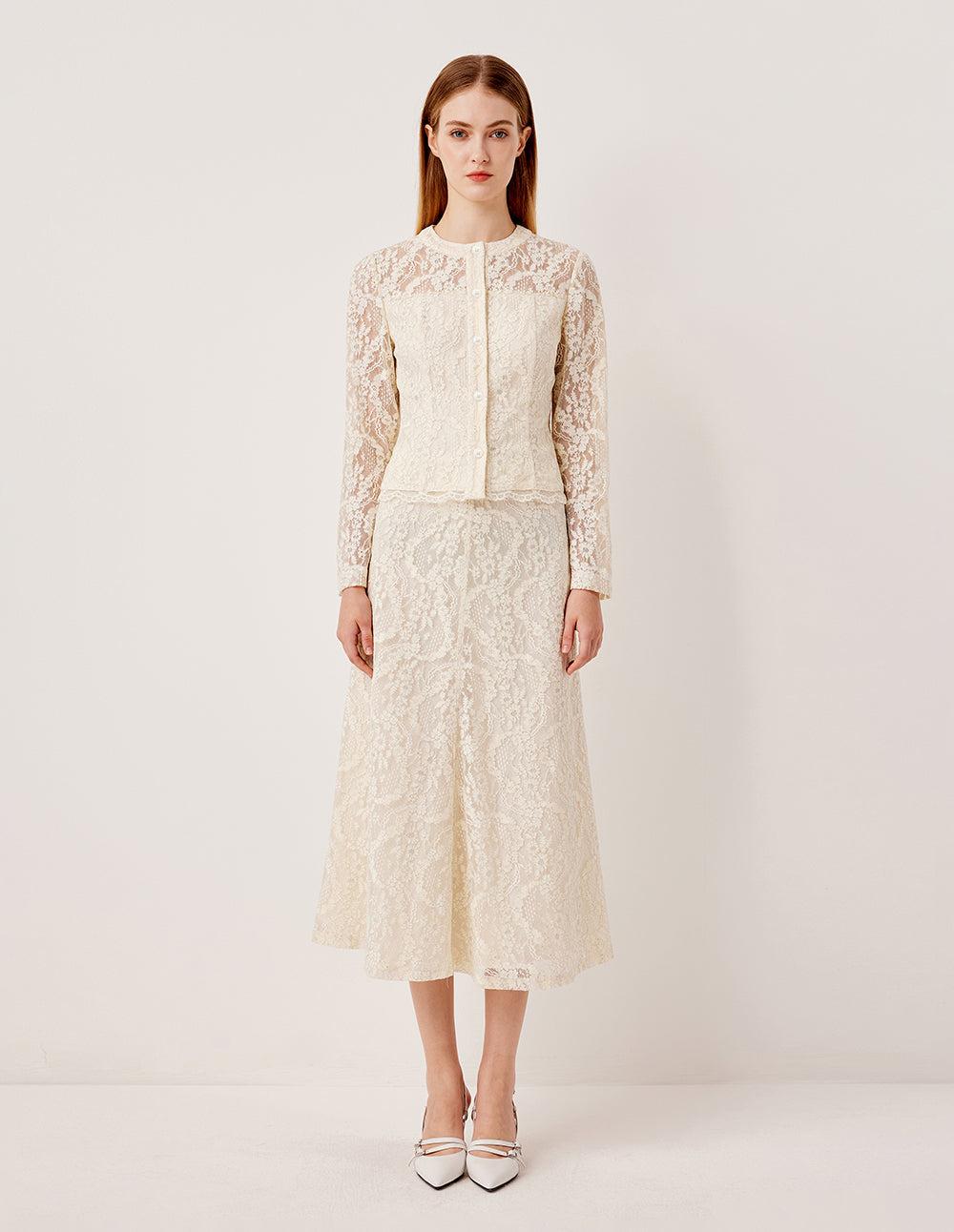 MARYLING Round Neck Lace Embroidered Sequin Long Sleeve Top