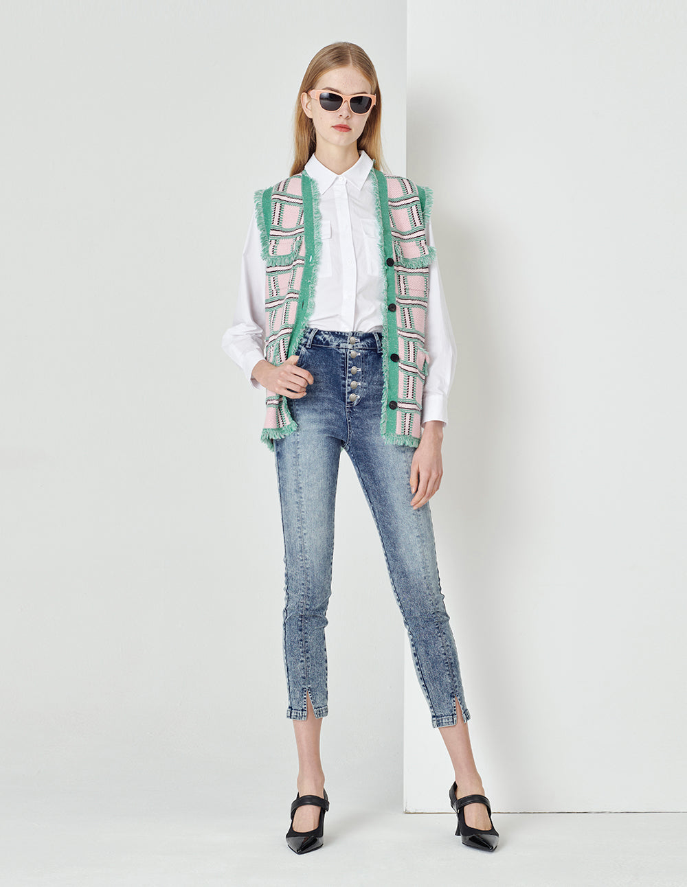 MARYLING Denim Blue Metal Decorative Buckle Skinny Denim Cropped Pants