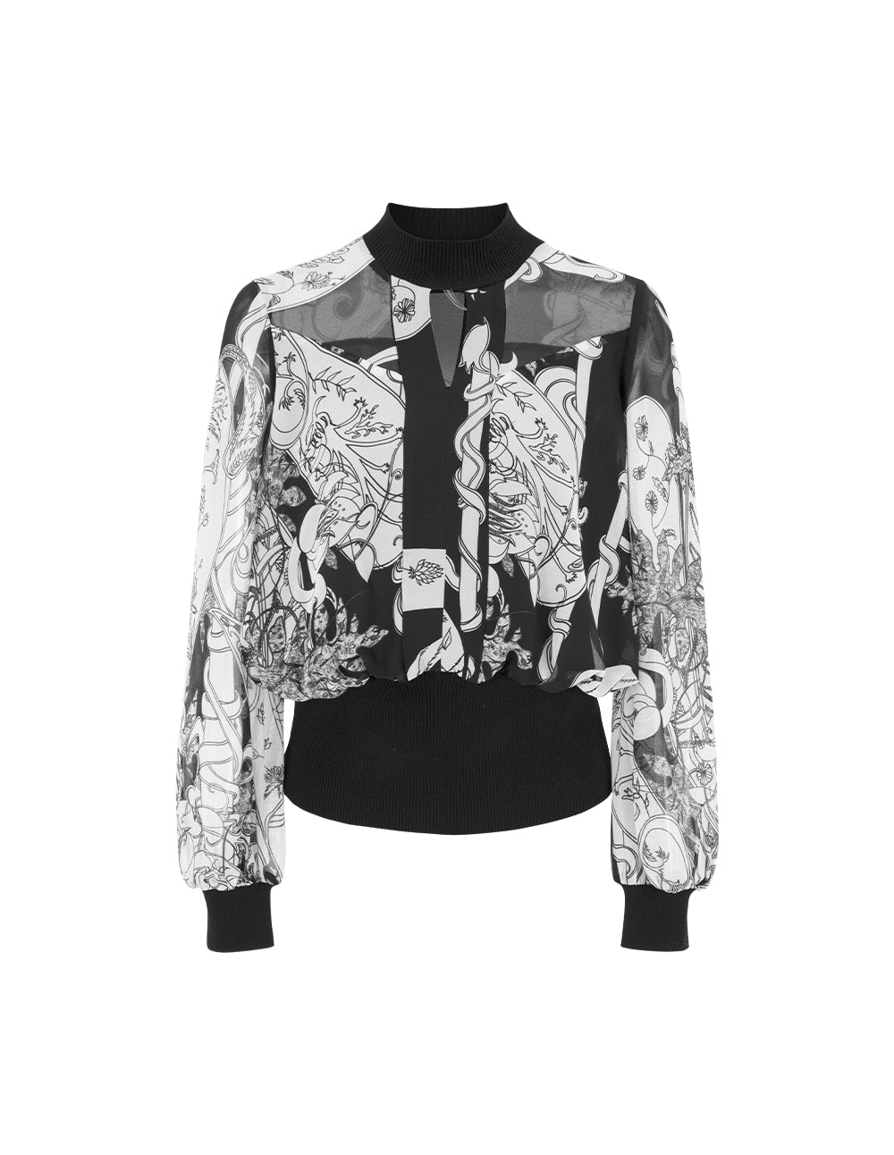 MARYLING Semi-High Neck Long Sleeve Paisley Pattern Top