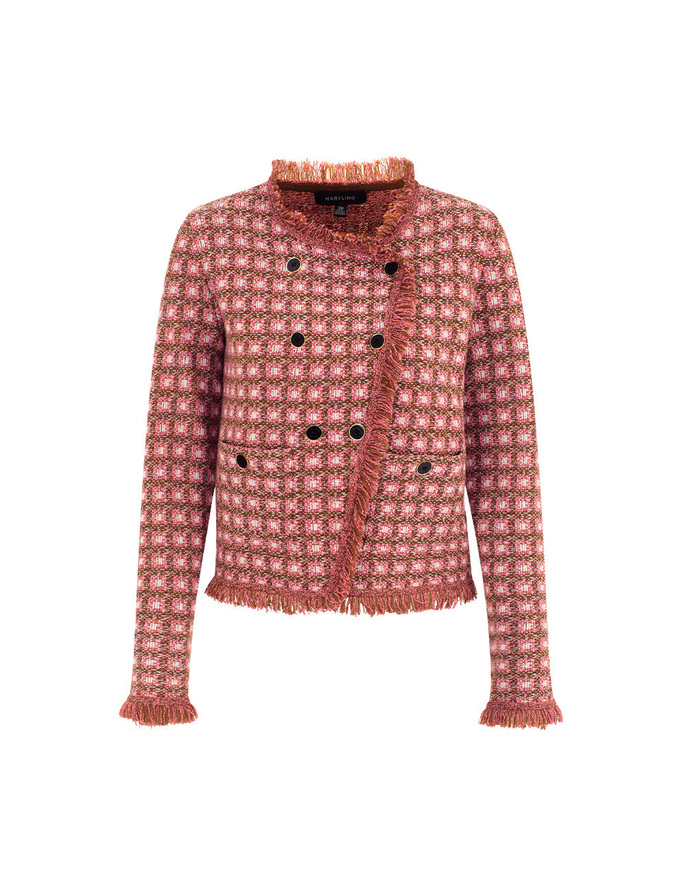 MARYLING Round Neck Long Sleeve Plaid Double-Breasted Knit Cardigan