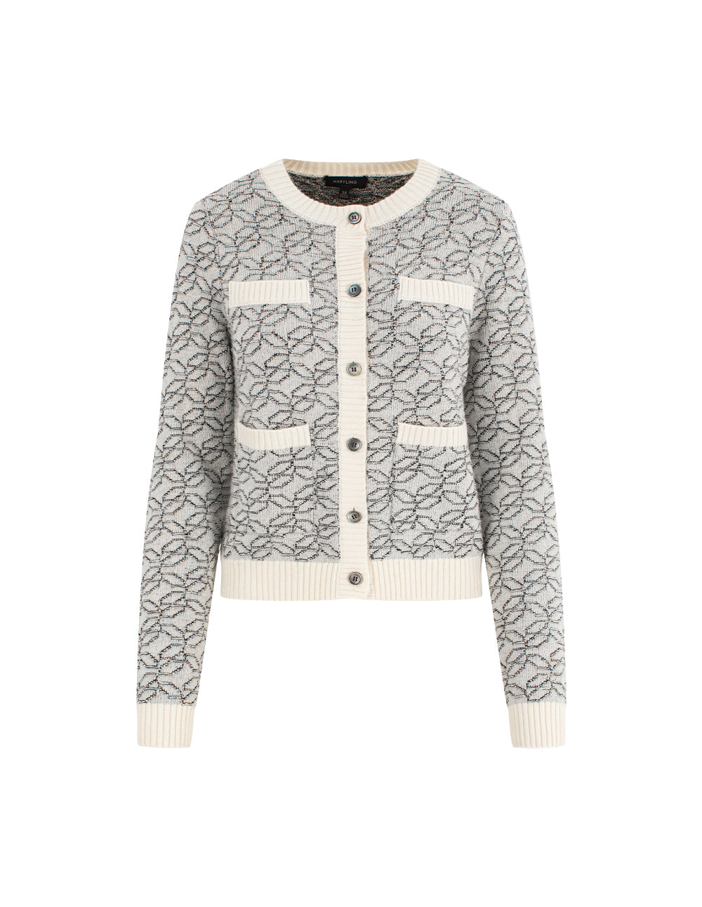MARYLING Ribbed Round Neck Long Sleeve Printed Wool Knit Cardigan