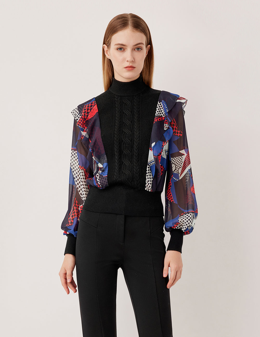 MARYLING Half-High Collar Long-Sleeved Blue & Red Printed Patchwork Knit Pullover