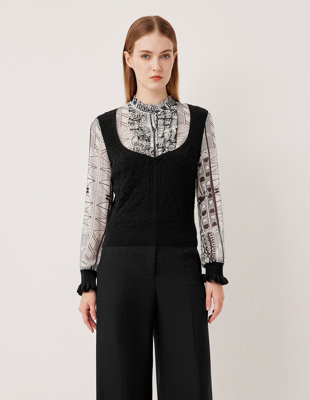 MARYLING Ruffled Turtleneck Printed Knit Long Sleeve Top