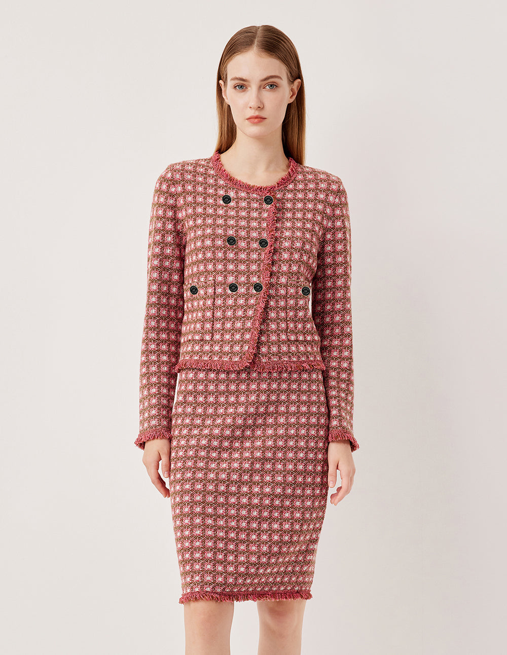 MARYLING Round Neck Long Sleeve Plaid Double-Breasted Knit Cardigan