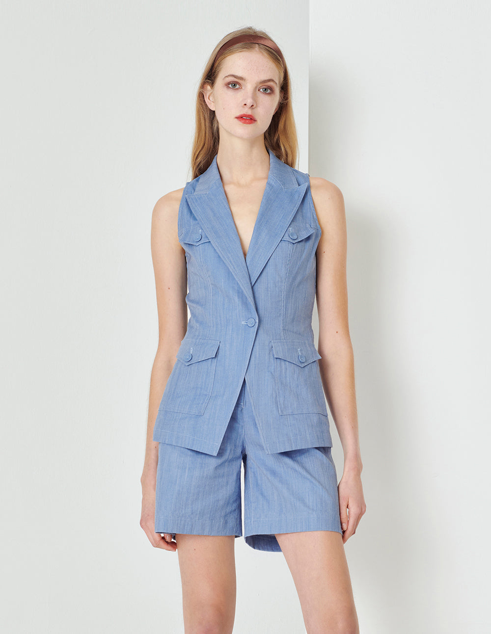 MARYLING Denim Blue Peak Collar Contrast Stitching Vest