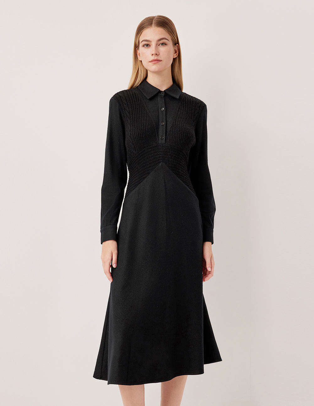 MARYLING Collar Pleated Shirt Dress Patchwork Knit Vest