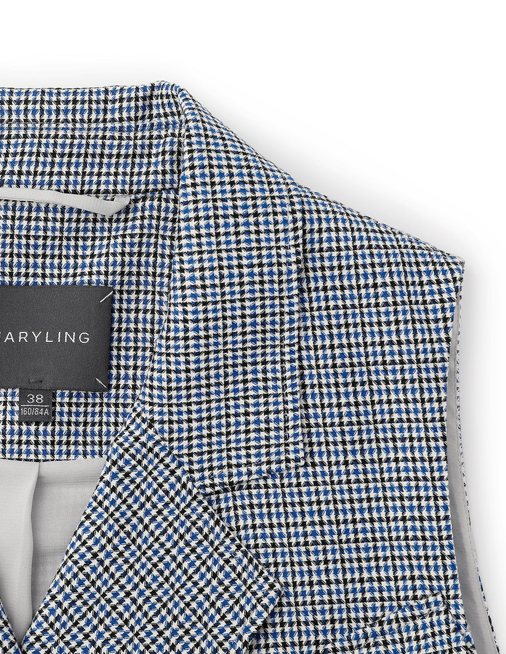 MARYLING Blue And White Small Check Houndstooth Waist Tie Detail Cropped Vest