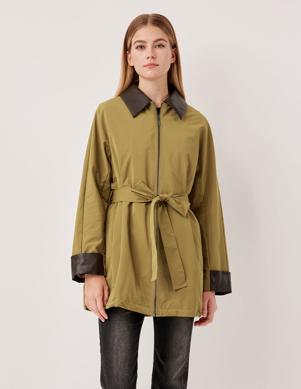 MARYLING Collared Zipper Belt Mid-Length Coat