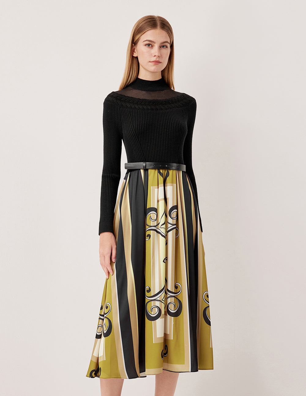 MARYLING Semi-High Neck Long Sleeve Knit Patchwork Print Midi Dress