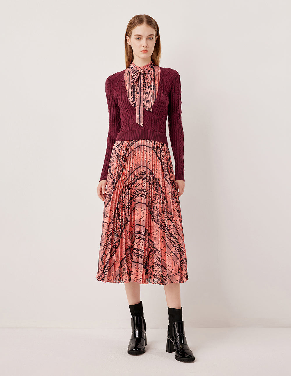 MARYLING Ruffled Turtleneck Tie-Up Printed Patchwork Pleated Knit Midi Dress
