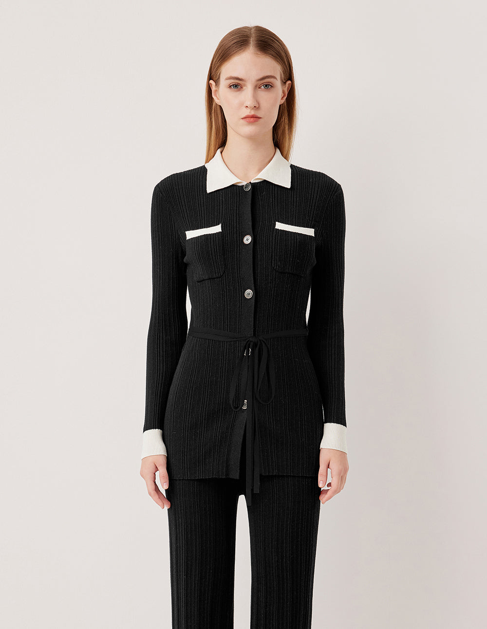 MARYLING Lapel Long Sleeve Belted Wool Long Knit Cardigan