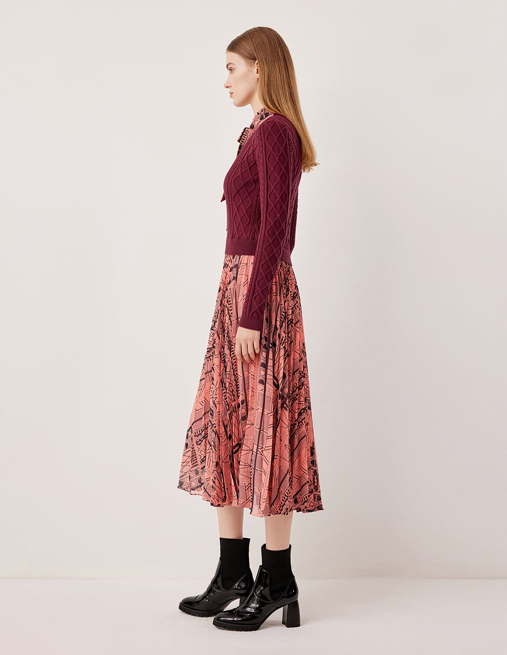 MARYLING Ruffled Turtleneck Tie-Up Printed Patchwork Pleated Knit Midi Dress