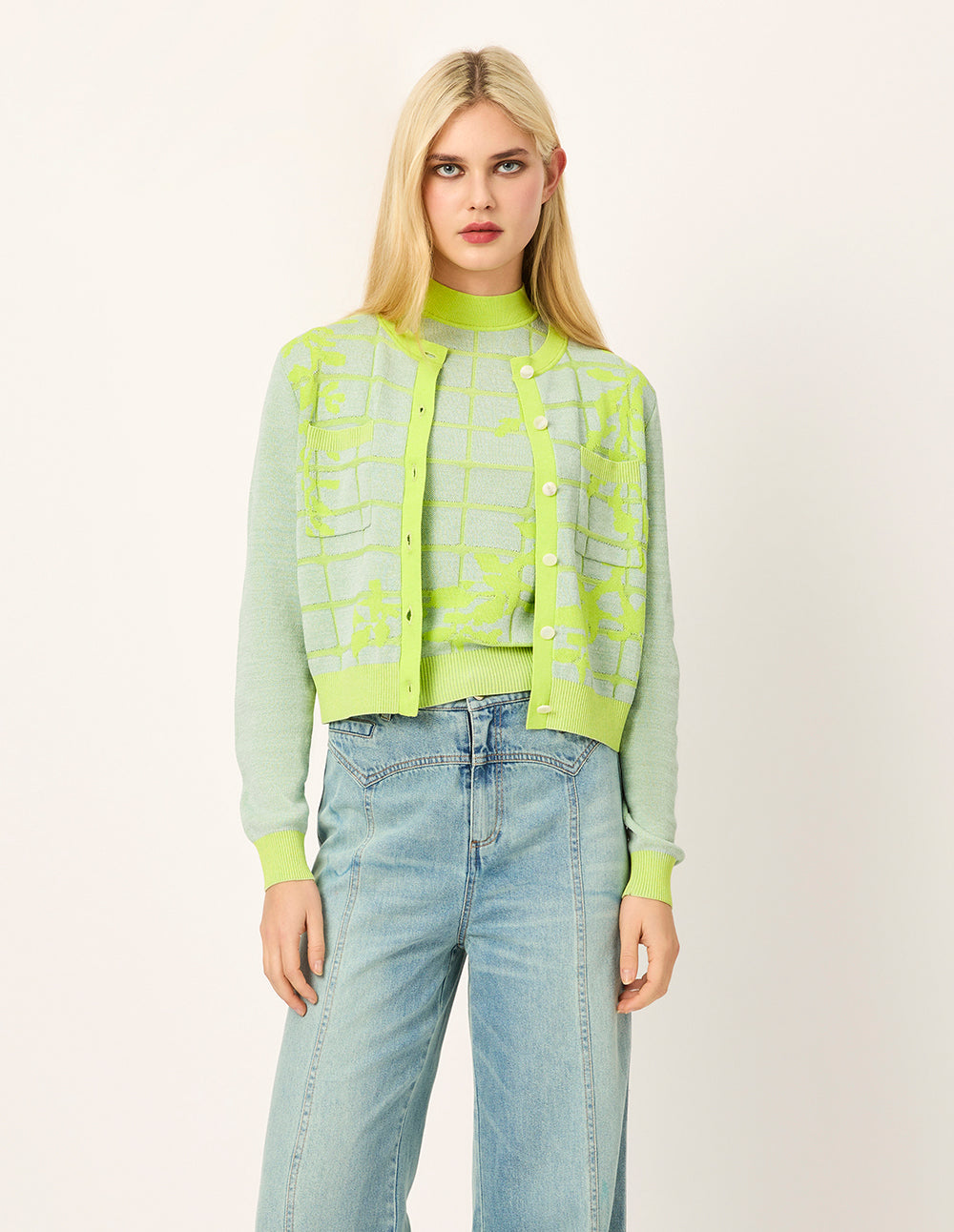 MARYLING Half-Turtleneck Plaid Floral Embroidery Knit Vest