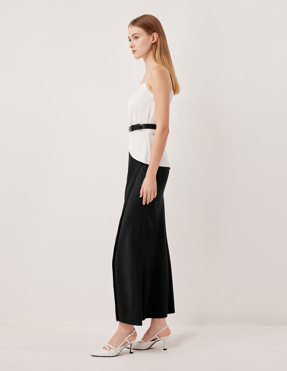 MARYLING Sleeveless Black White Color-Block Pleated Satin Slip Dress