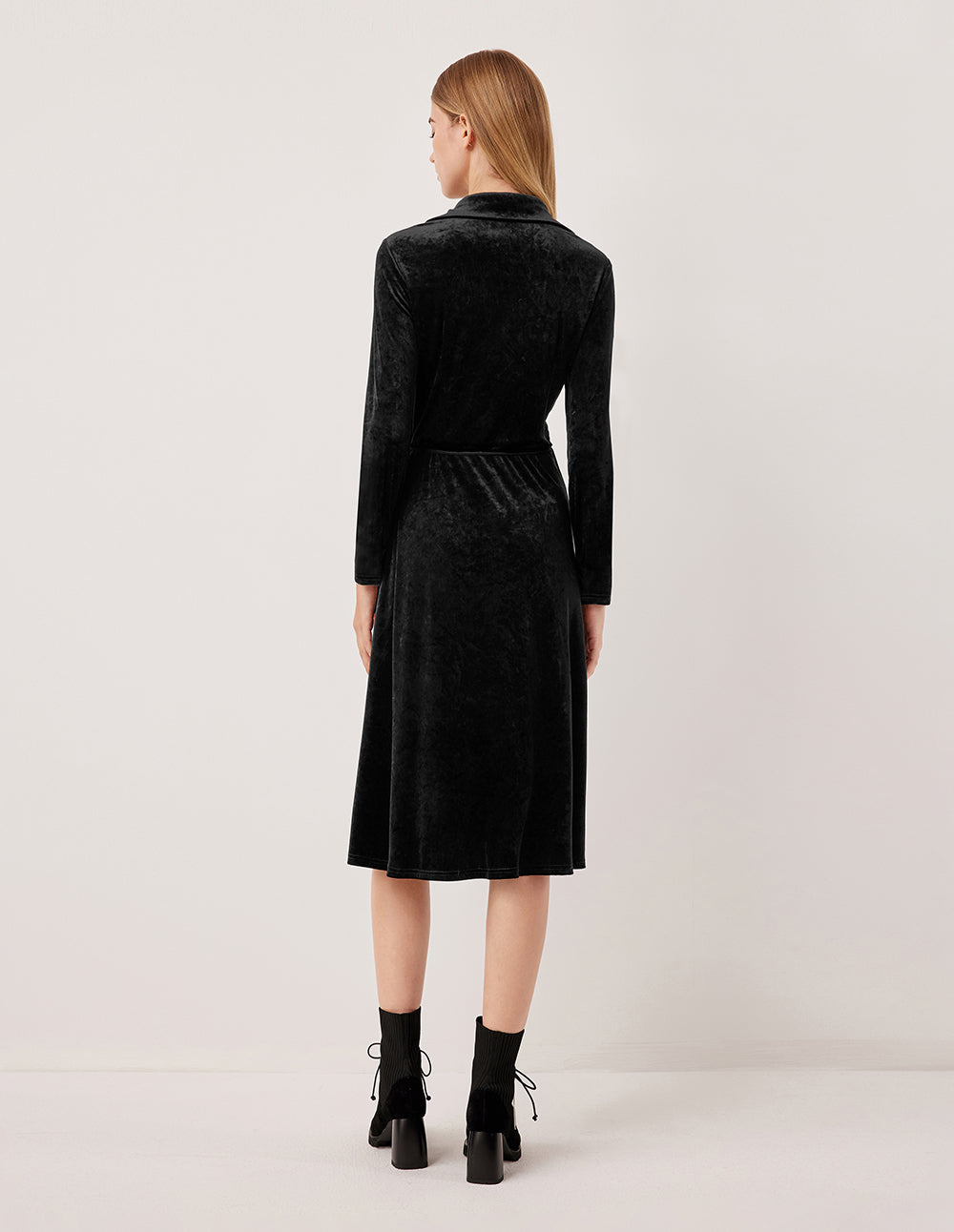 MARYLING V-Neck Ruched Velvet Midi Dress with Side Slit