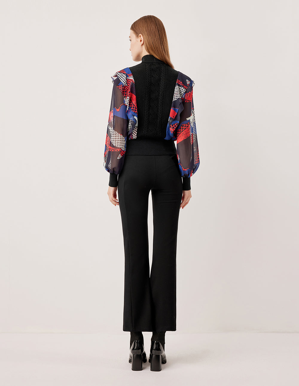 MARYLING Half-High Collar Long-Sleeved Blue & Red Printed Patchwork Knit Pullover