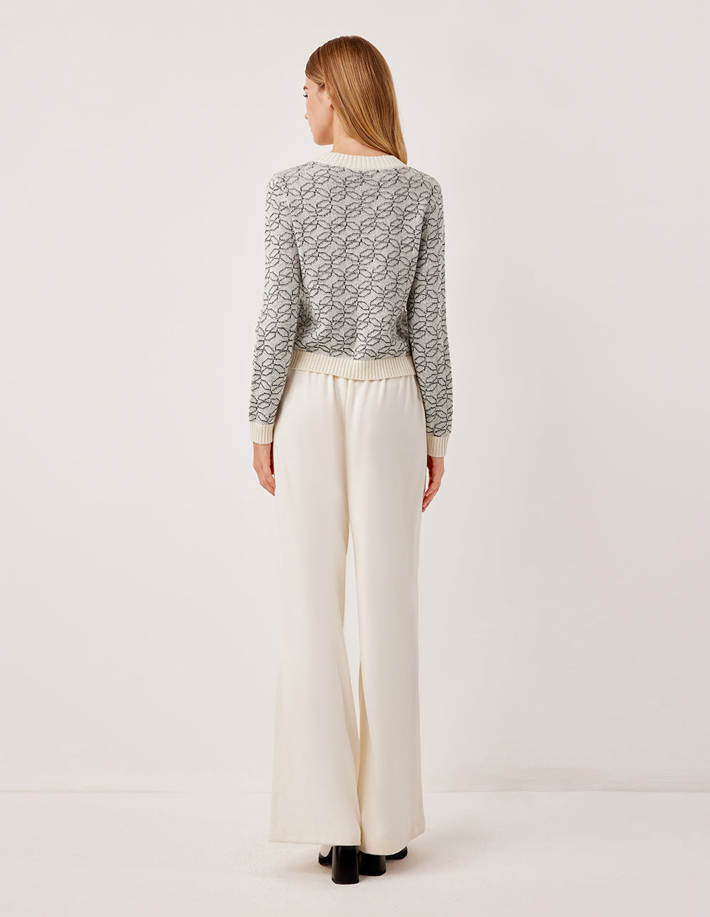 MARYLING Ribbed Round Neck Long Sleeve Printed Wool Knit Cardigan